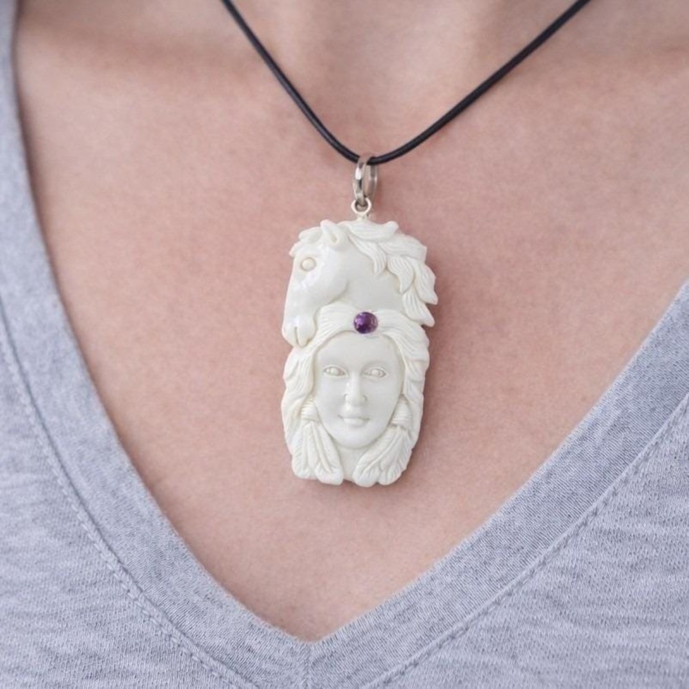 Vintage Carved Pendant Woman Horse Design Purple Stone Cord